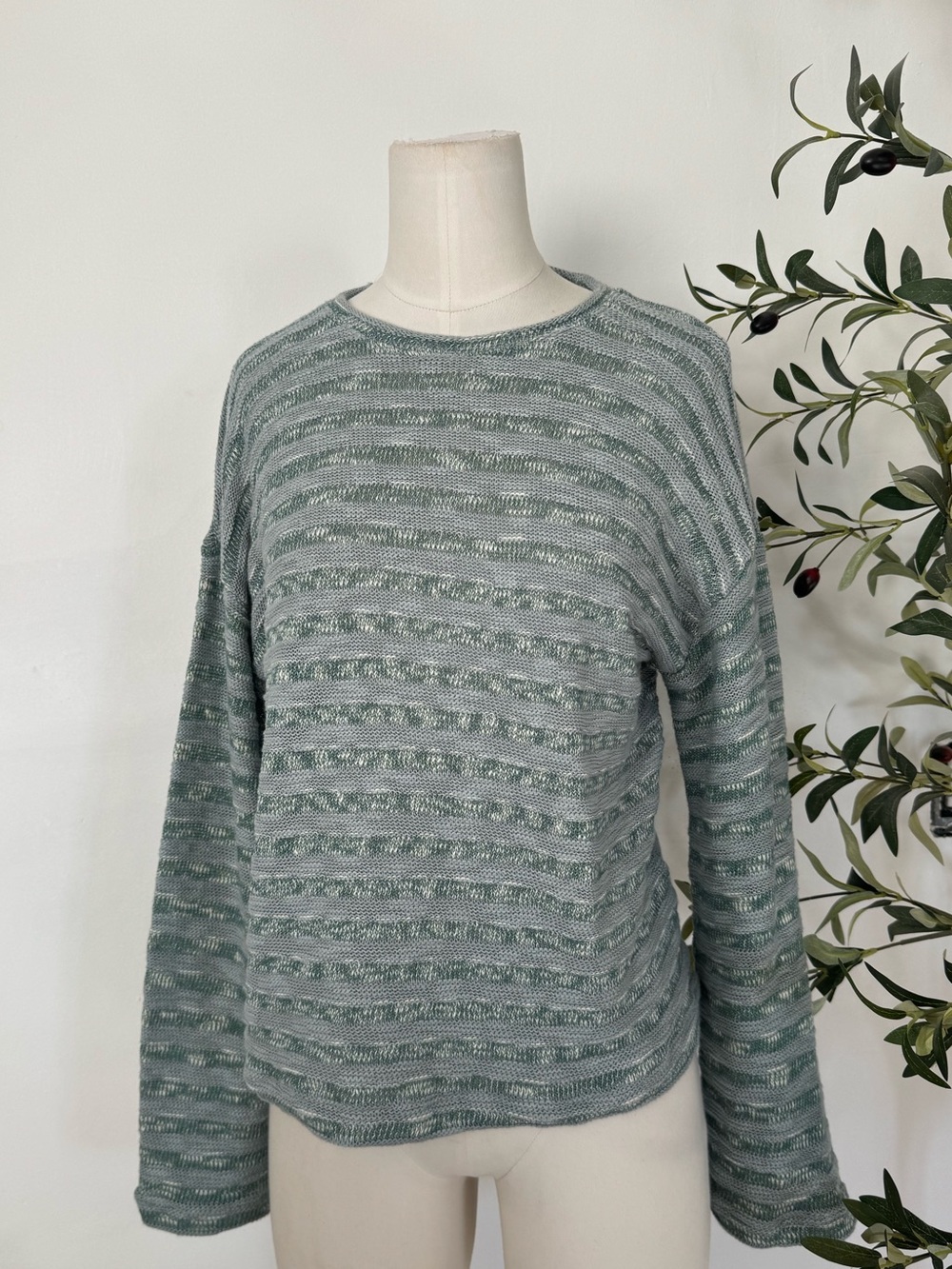 Madewell Striped Open Knit Sweater XS Sage Green Lightweight Pullover